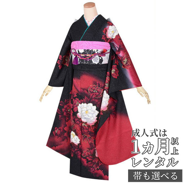 楽天市場】【成人式 振袖 レンタル】RS1744 正絹 黒赤 牡丹花（絹
