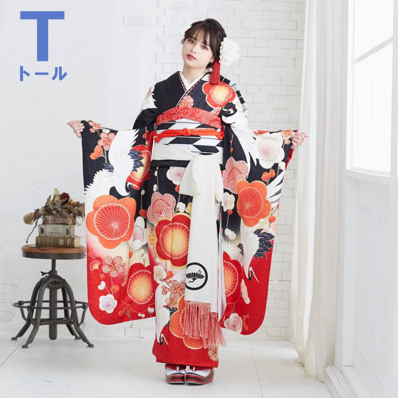 楽天市場】【成人式 振袖 レンタル】RS1755 正絹 黒 梅に鶴フルセット