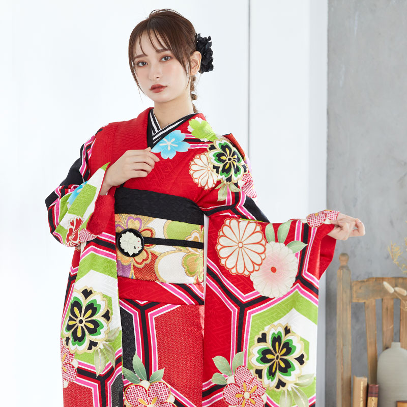 楽天市場】【成人式 振袖 レンタル】RS1773 正絹 赤 亀甲に桜梅菊フル