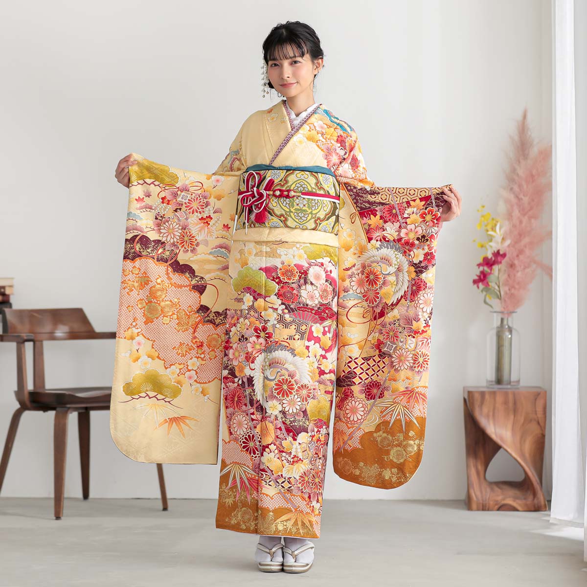 楽天市場】【成人式 振袖 レンタル】RS1733 正絹 黄色 雲取り松に鶴