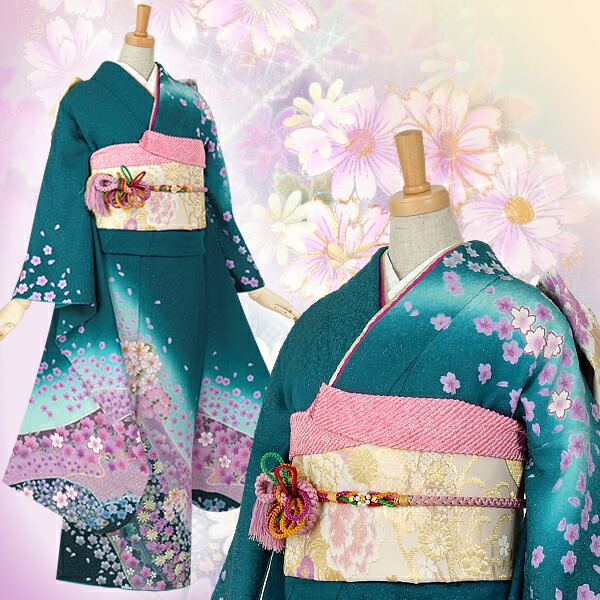 楽天市場】【成人式 振袖 レンタル】RS123 正絹 青緑 紫花フルセット