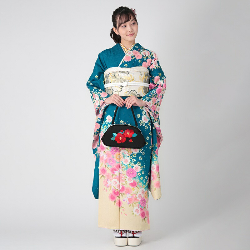 楽天市場】【成人式 振袖 レンタル】RS1072 正絹 青緑 枝垂桜にまり