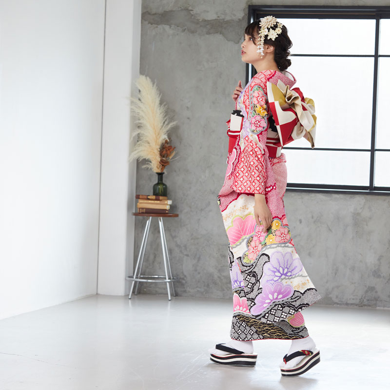 楽天市場】【成人式 振袖 レンタル】RS1089 正絹 赤 疋田雲取松文様