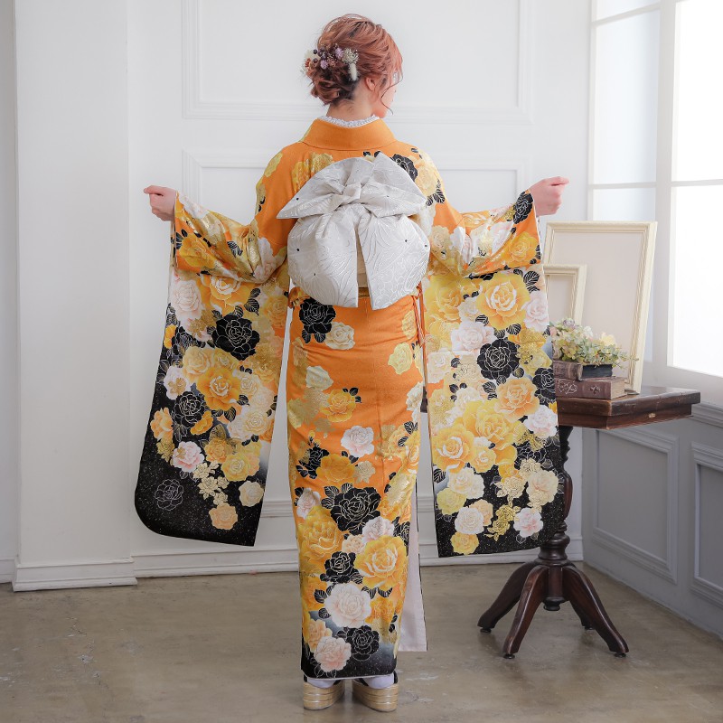 楽天市場】【成人式 振袖 レンタル】RS1186 正絹 黄 薔薇フルセット