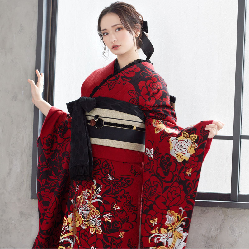 楽天市場】【成人式 振袖 レンタル】RS1229 正絹 赤 薔薇に蝶フル