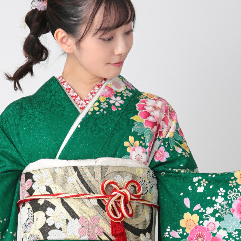 楽天市場】【成人式 振袖 レンタル】RS1330 正絹 緑 桜熨斗に牡丹フル