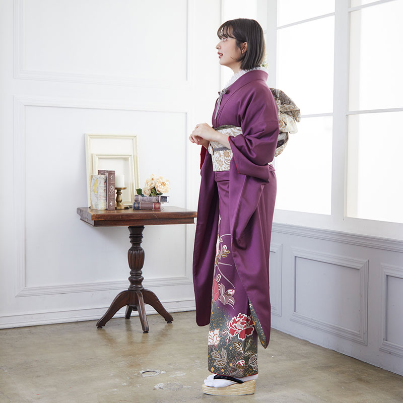 楽天市場】【成人式 振袖 レンタル】RS698 正絹 紫 椿と牡丹フルセット