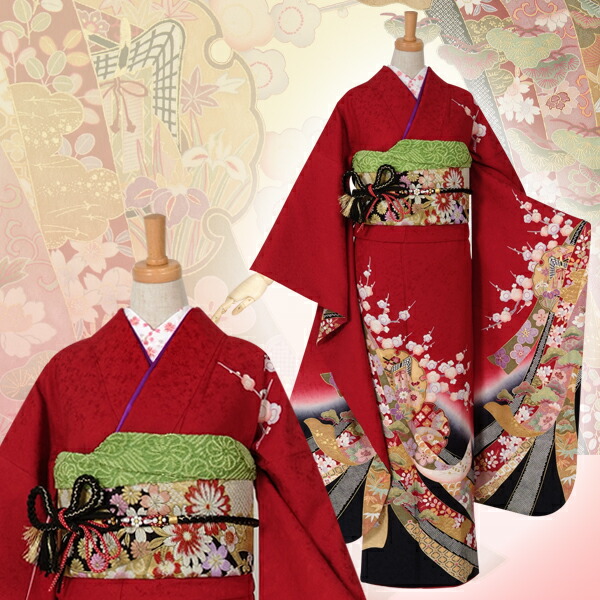 楽天市場】【成人式 振袖 レンタル】RS887 正絹 赤 雪輪御所車に熨斗