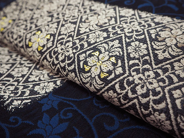 楽天市場】名古屋帯 単品 正絹 仕立て付き 九寸 濃紺 花 幾何学 なごや