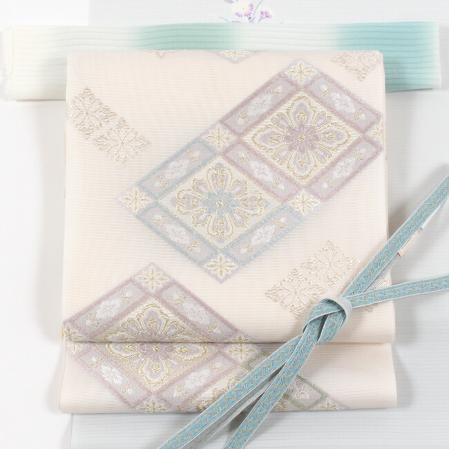 帯】【袋帯】薄うぐいす地 菱型 吉祥文 三越扱い No.14 帯】【袋帯】薄