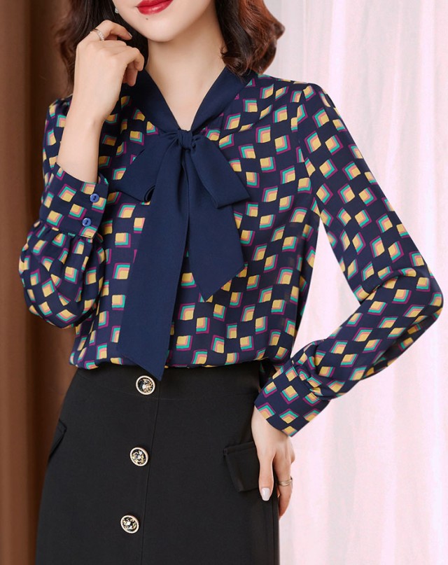 楽天市場】ボウタイ ブラウス レディース トップス 長袖 柄シャツ