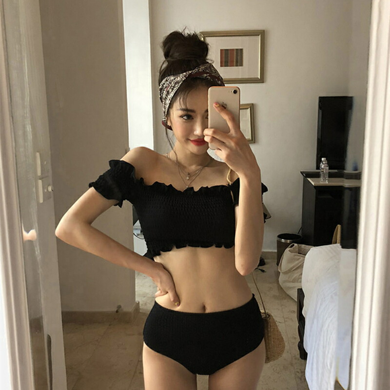 楽天市場】黒 スモッキング オフショルビキニ 水着 レディース