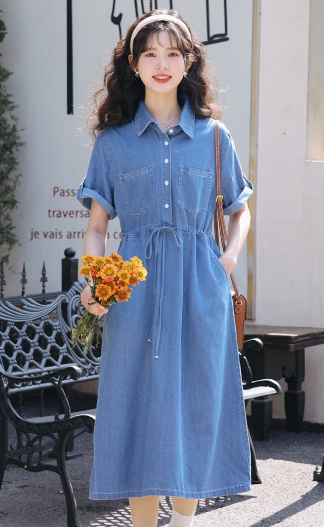 楽天市場】デニム シャツワンピース 半袖 襟付き ワンピース