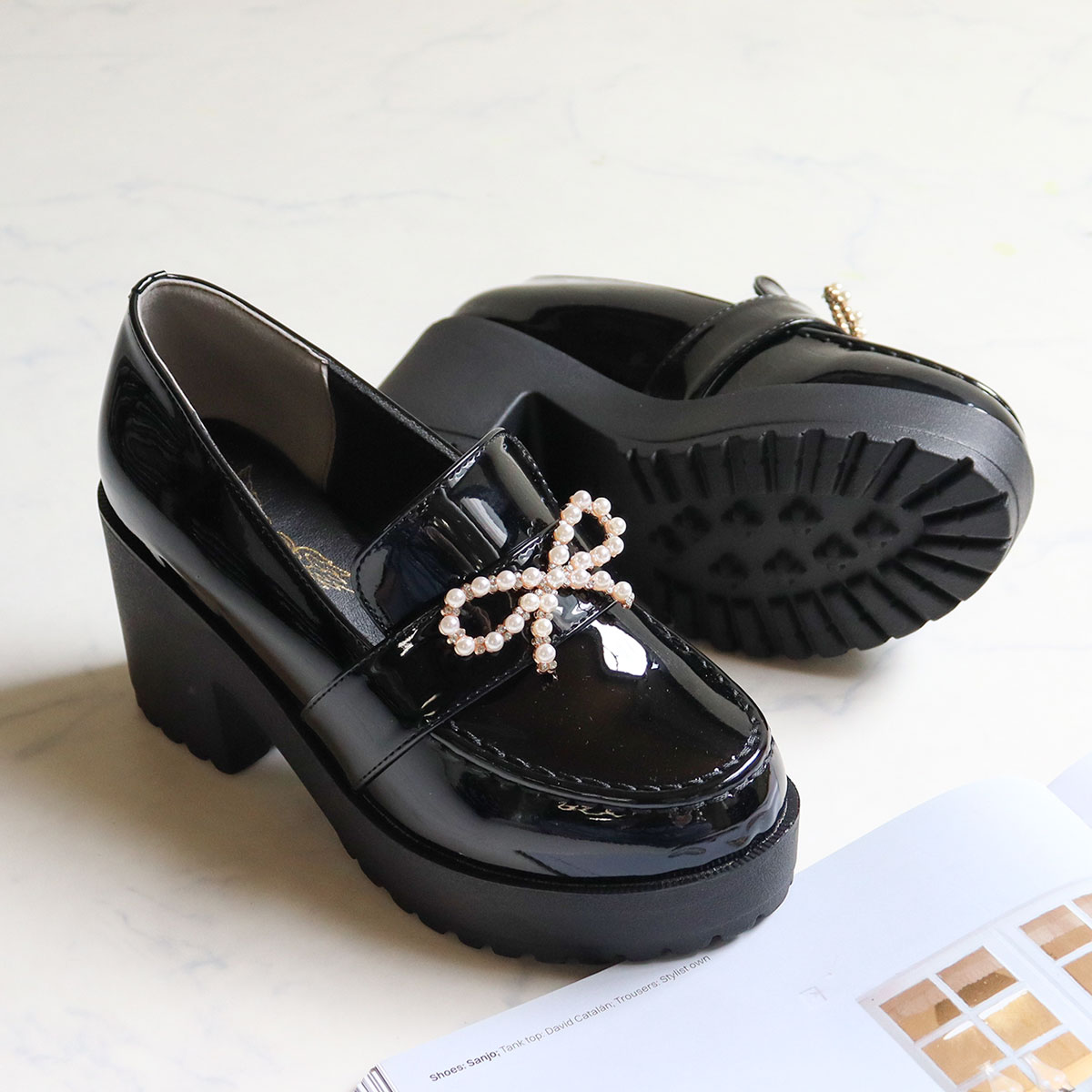 楽天市場】ローファー リボン ビジュー 飾り レディース 厚底 8cm