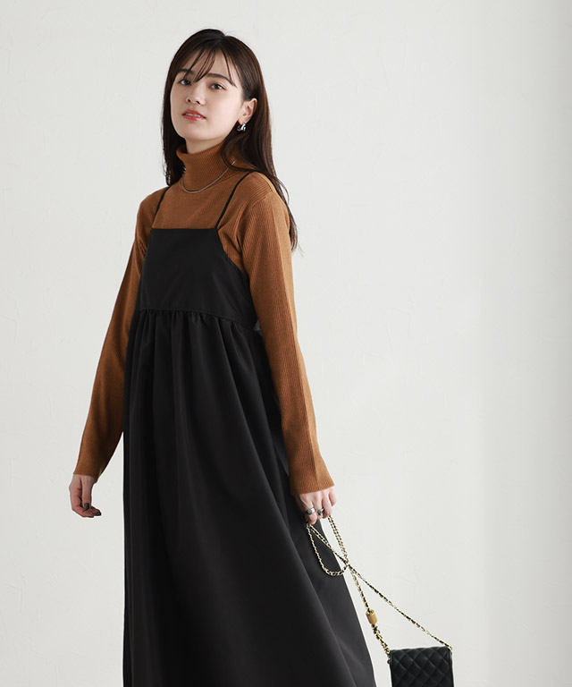 HONEY MEW はにーみゅう フリルギャザーレザー風キャミワンピ フリル