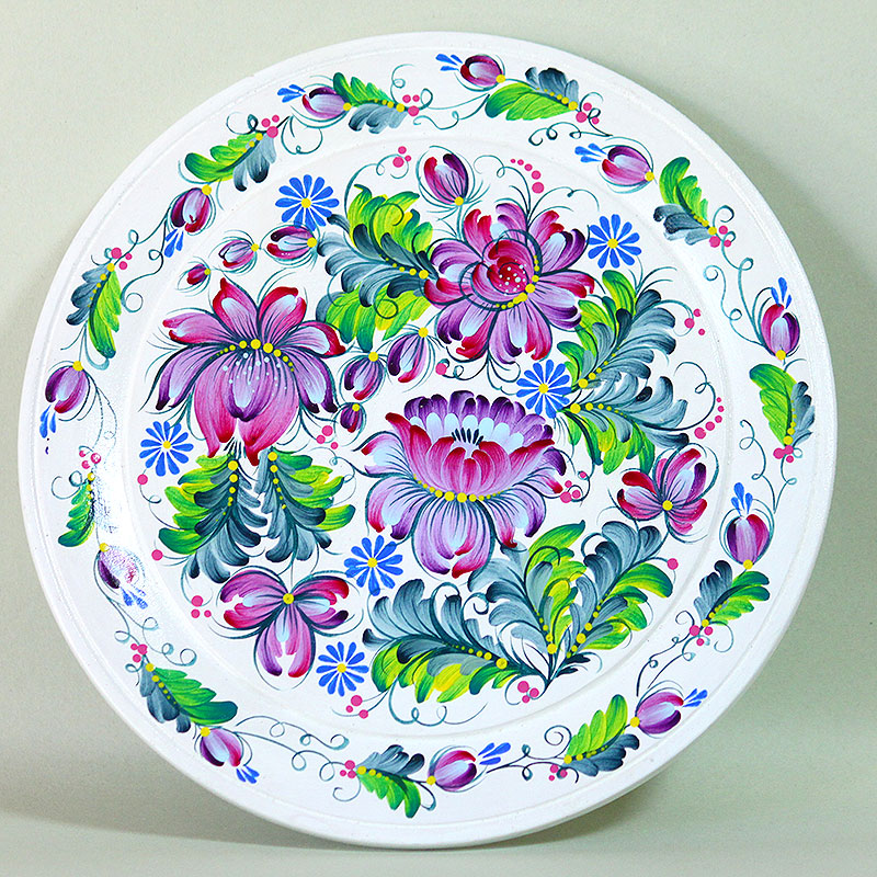 木製ペトリキウカ塗りのプレート（ヴァレンティナ・ホロべッツ）製 花