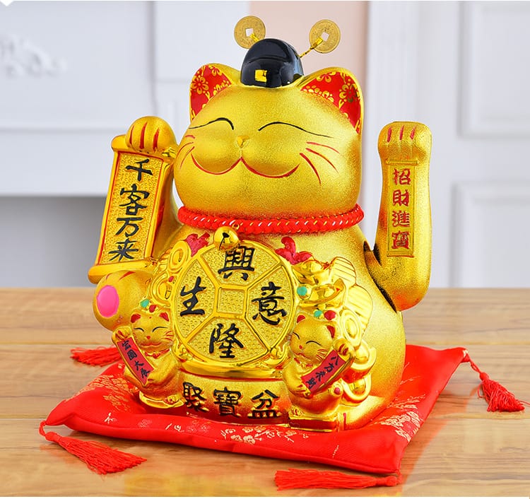 楽天市場】黄金の電動招き猫 陶器製 大型プレミアムモデル 座布団付