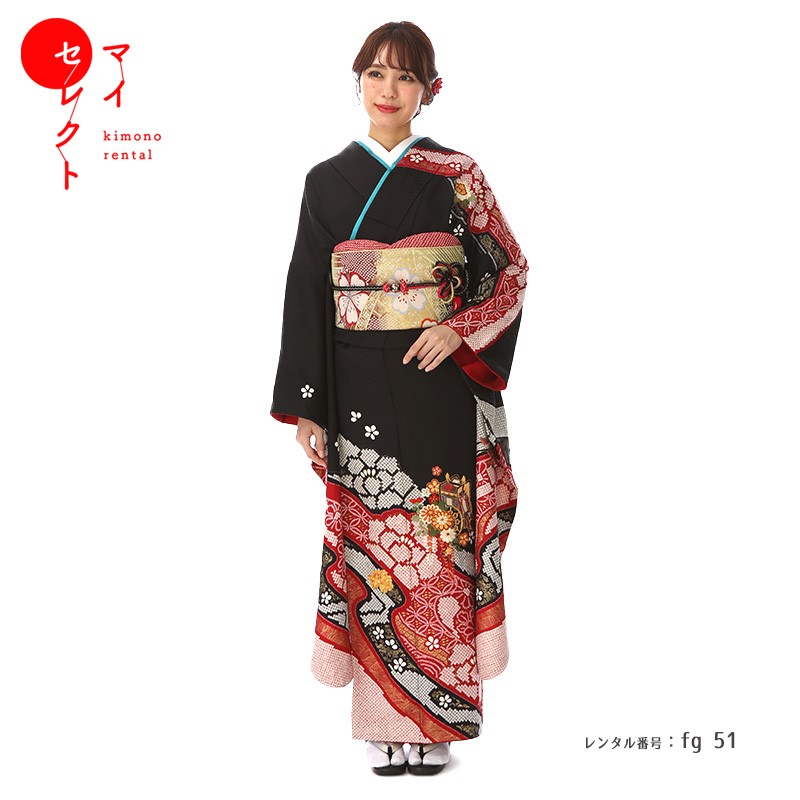 楽天市場】振袖 レンタル 成人式 〔fg_51b / 黒地赤絞り〕結婚式 結納