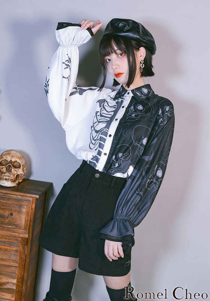 楽天市場】RomelCheo アシンメトリー ドクロ柄シャツ スカルシャツ