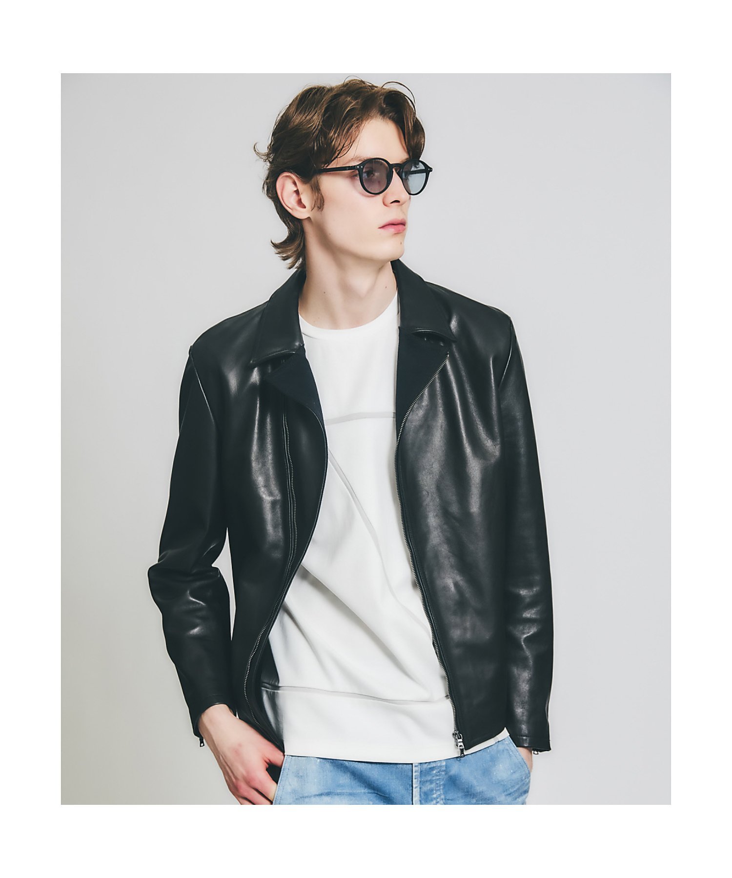 5351POUR LES HOMMES｜【レザー*デニム】セミダブル ライダース