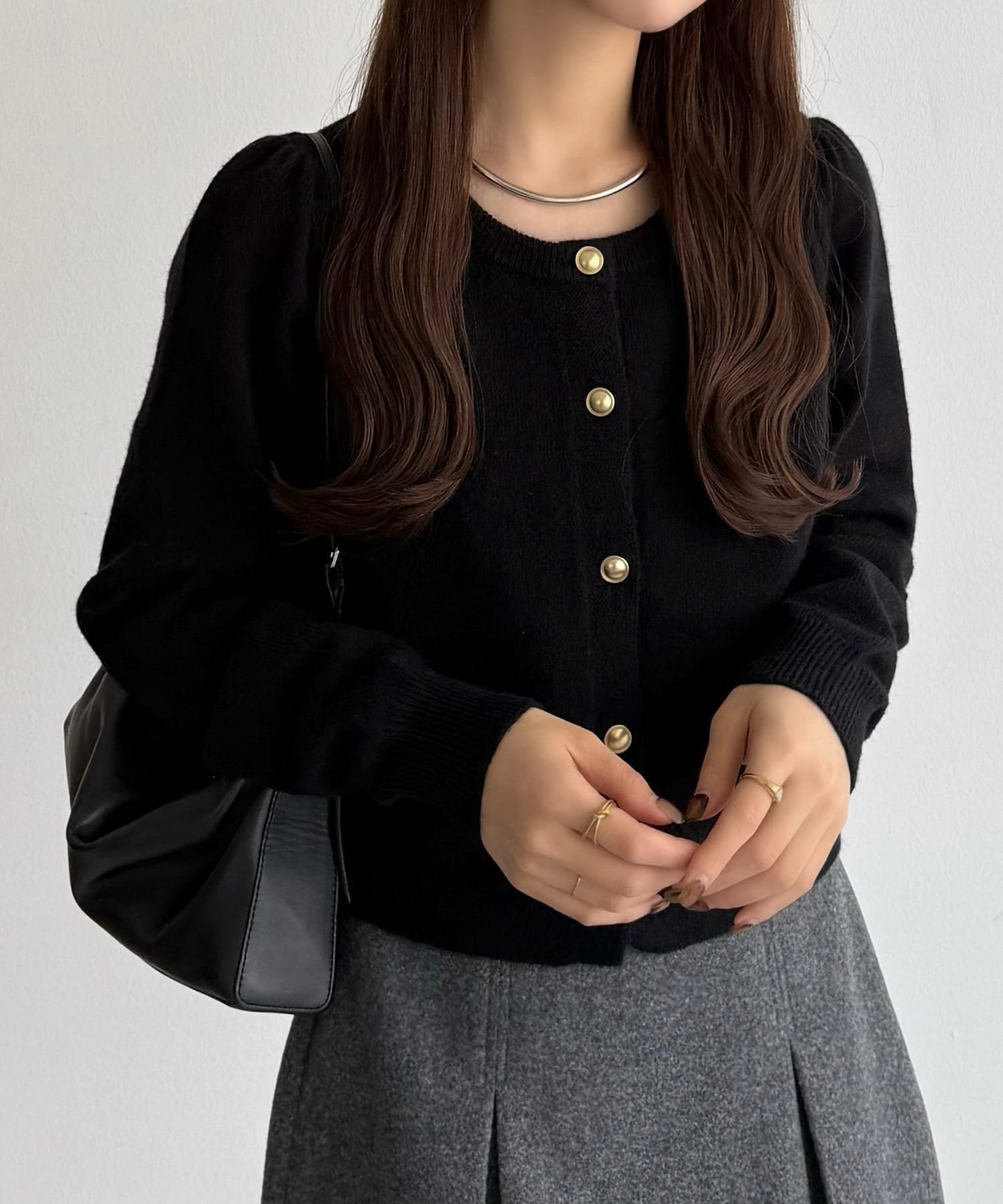 JUNOAH｜callautia 金ボタンパフスリーブショートニットカーディガン