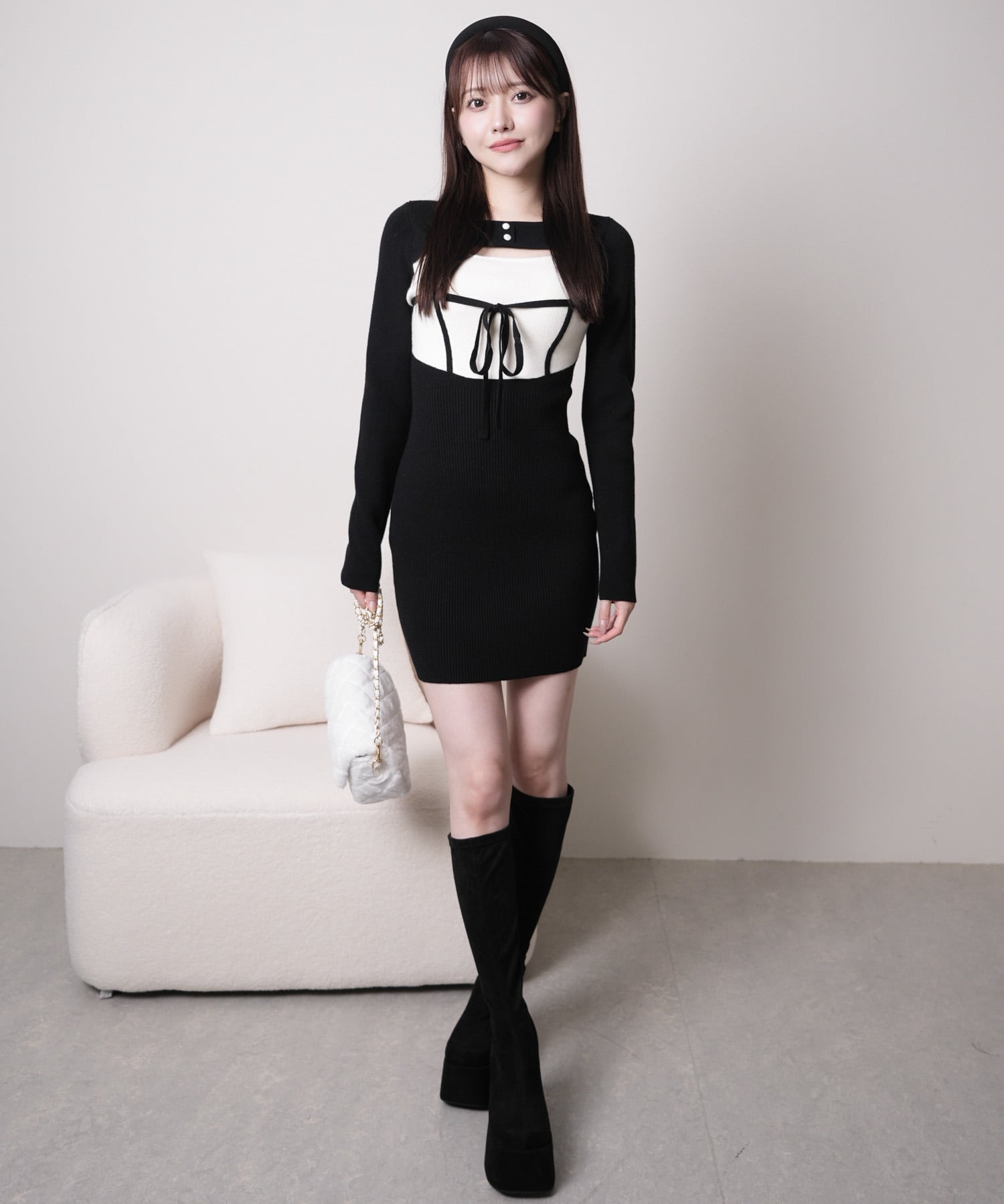 LIP SERVICE｜LIP SERVICE/(W)デコルテオープンバイカラーリボンニット