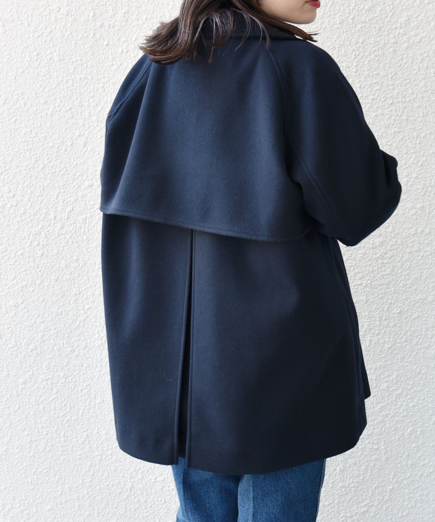 SHIPSウールライク ジャージーメルトン2WAY Pコート・ネイビーSサイズ シップス SHIPS * 〈手洗い可能〉ウール ライク ジャージー メルトン