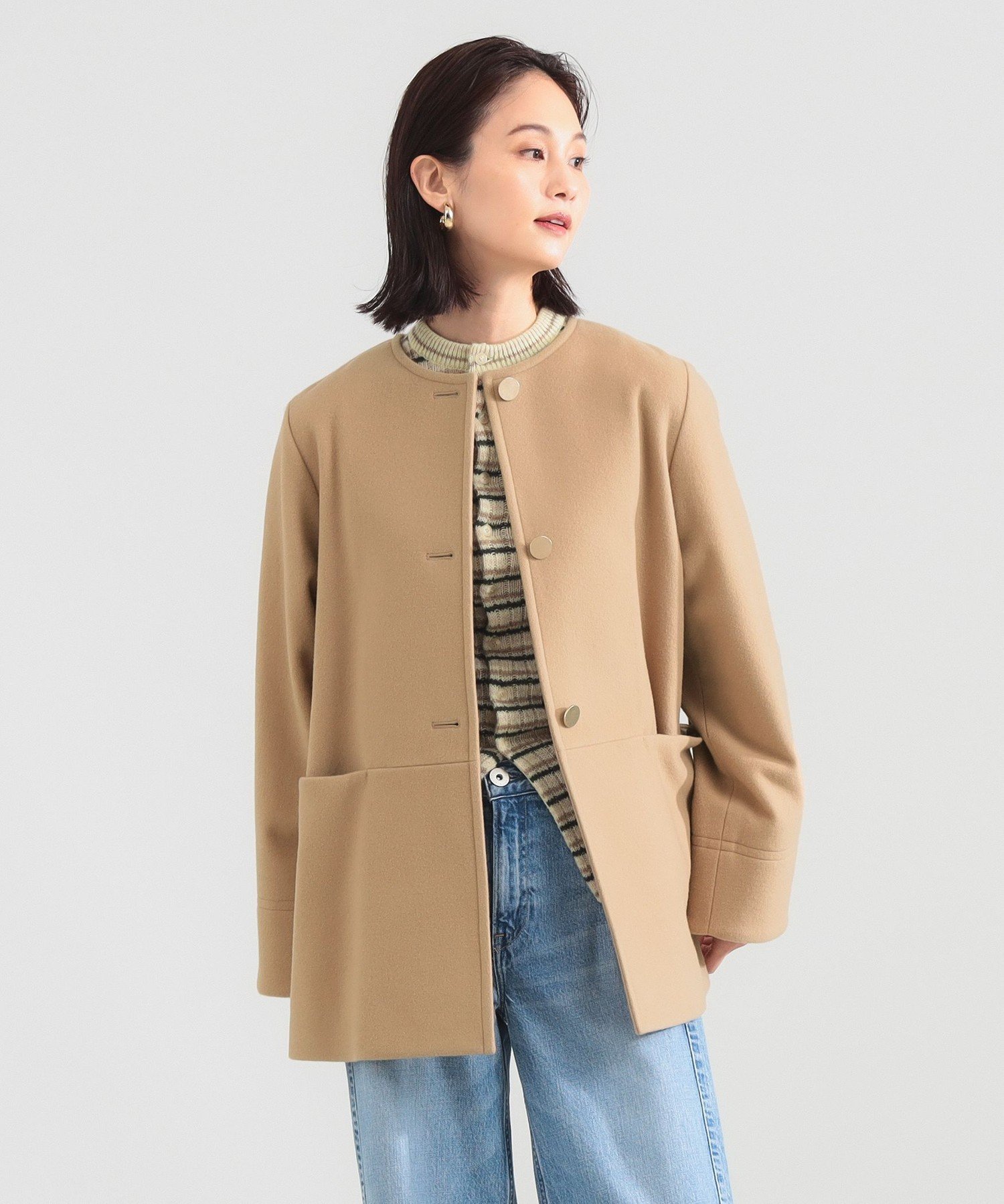 Demi-Luxe BEAMS｜ソフトメルトン ノーカラーコート Aライン ミドル丈