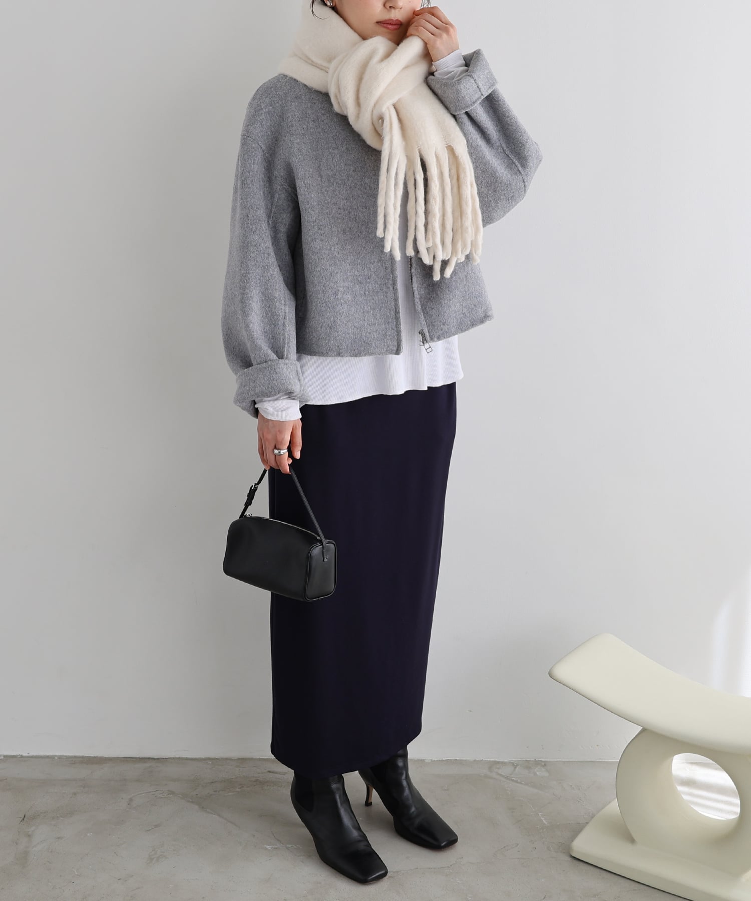 andme｜リバー ジップ ノーカラー ショート コート evernavy エバー