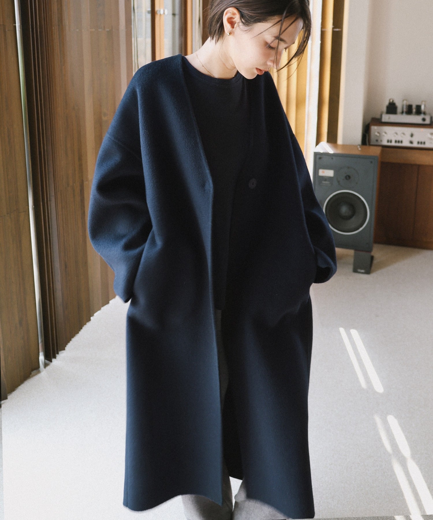 andme｜ノーカラー リバー コクーン コート evernavy エバーネイビー