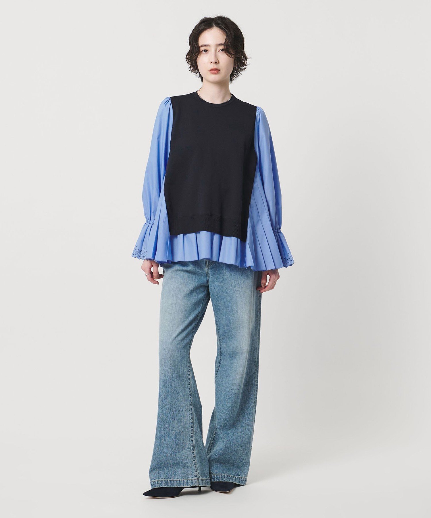 UNITED ARROWS｜プリーツ コンビ ニット ブラウス -ウォッシャブル