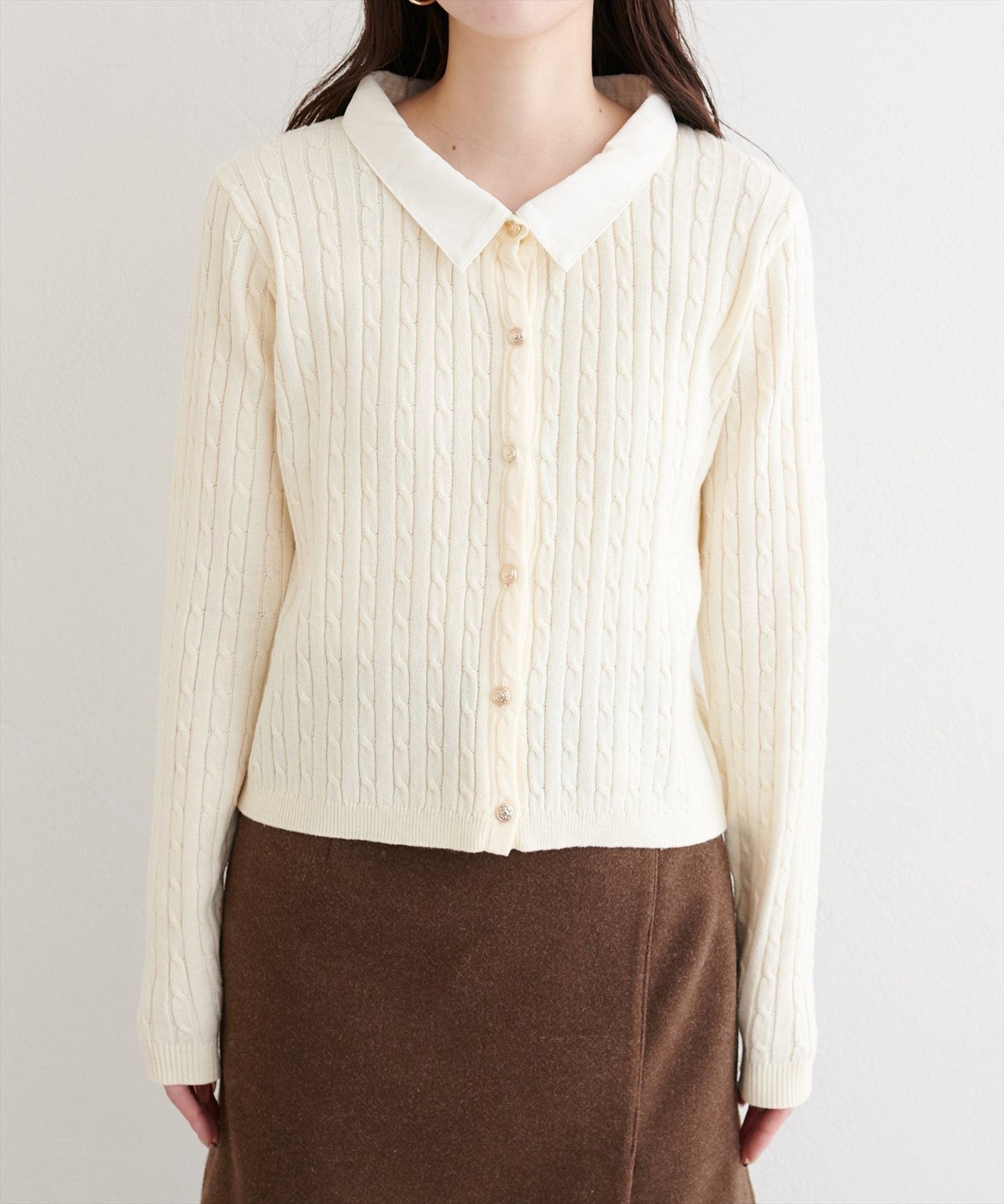 natural couture｜レイヤード風衿付きケーブルカーディガン | Rakuten