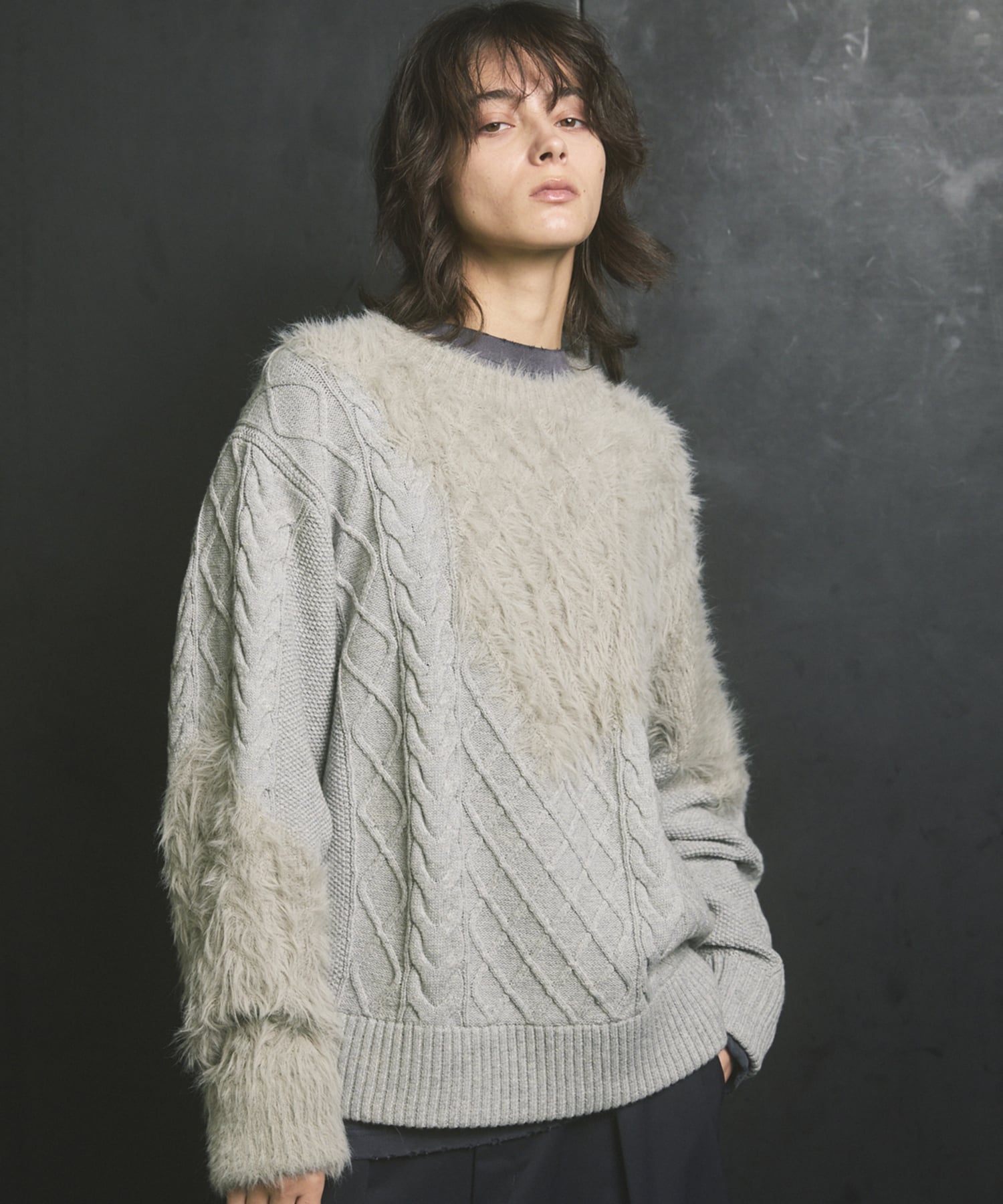 MAISON SPECIAL｜Cable Shaggy Mix Prime-Over Crew Neck Knit