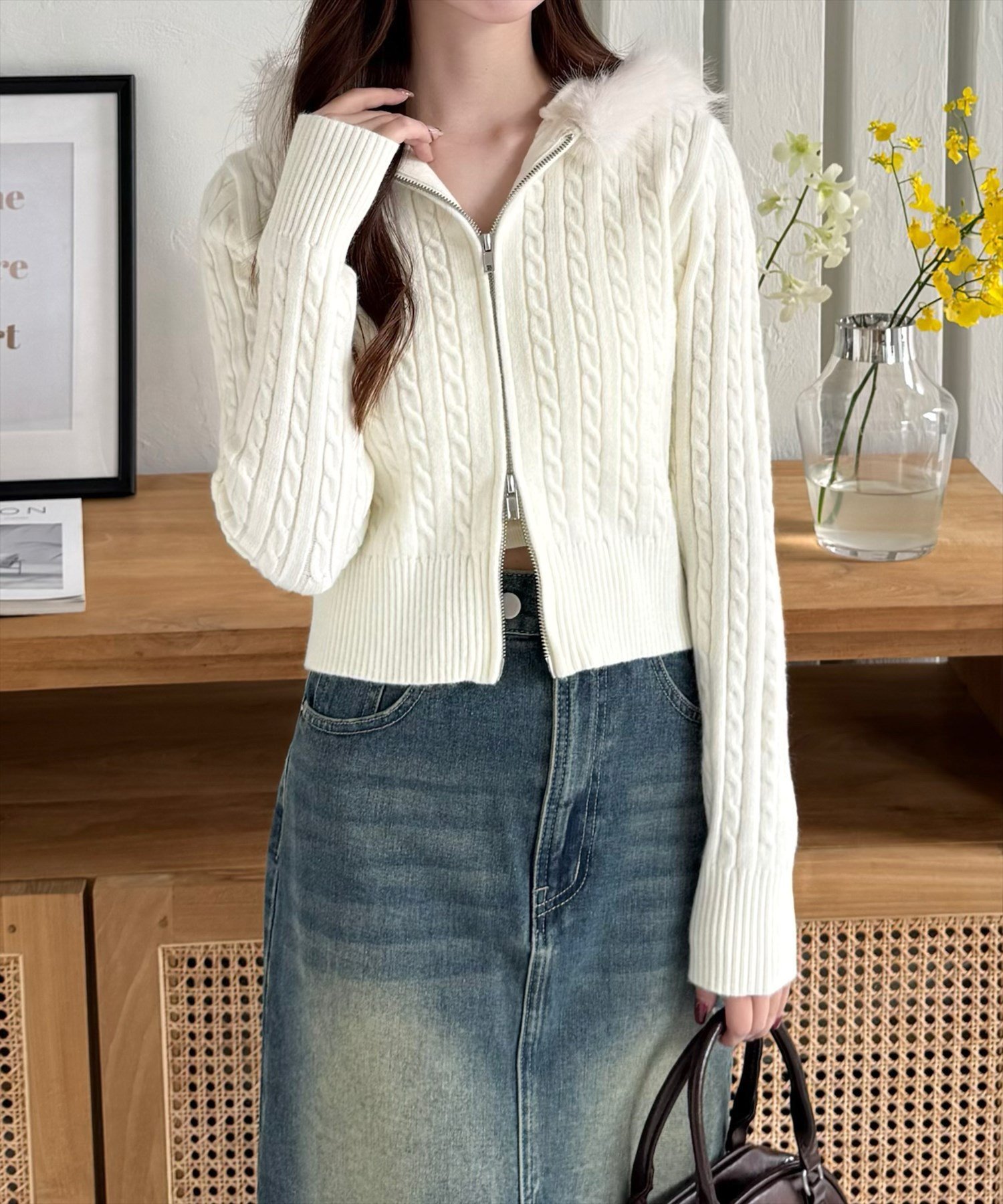 clear｜ダブルジップケーブル編みファーフードニットトップス［着回し
