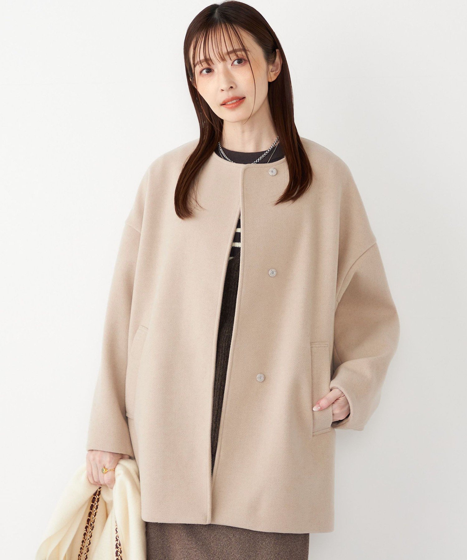 美品　アドーア　ソフトメルトンノーカラージャケット　ベージュ　38 セール】 ソフトメルトンノーカラージャケット （テーラードジャケット