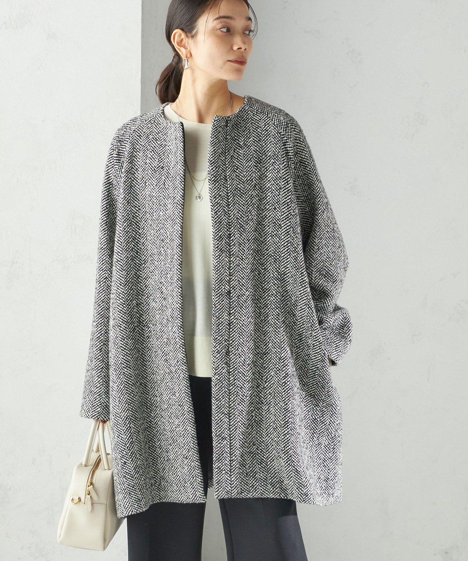 SHIPS｜スパンコール ヘリンボーン ノーカラー コート | Rakuten