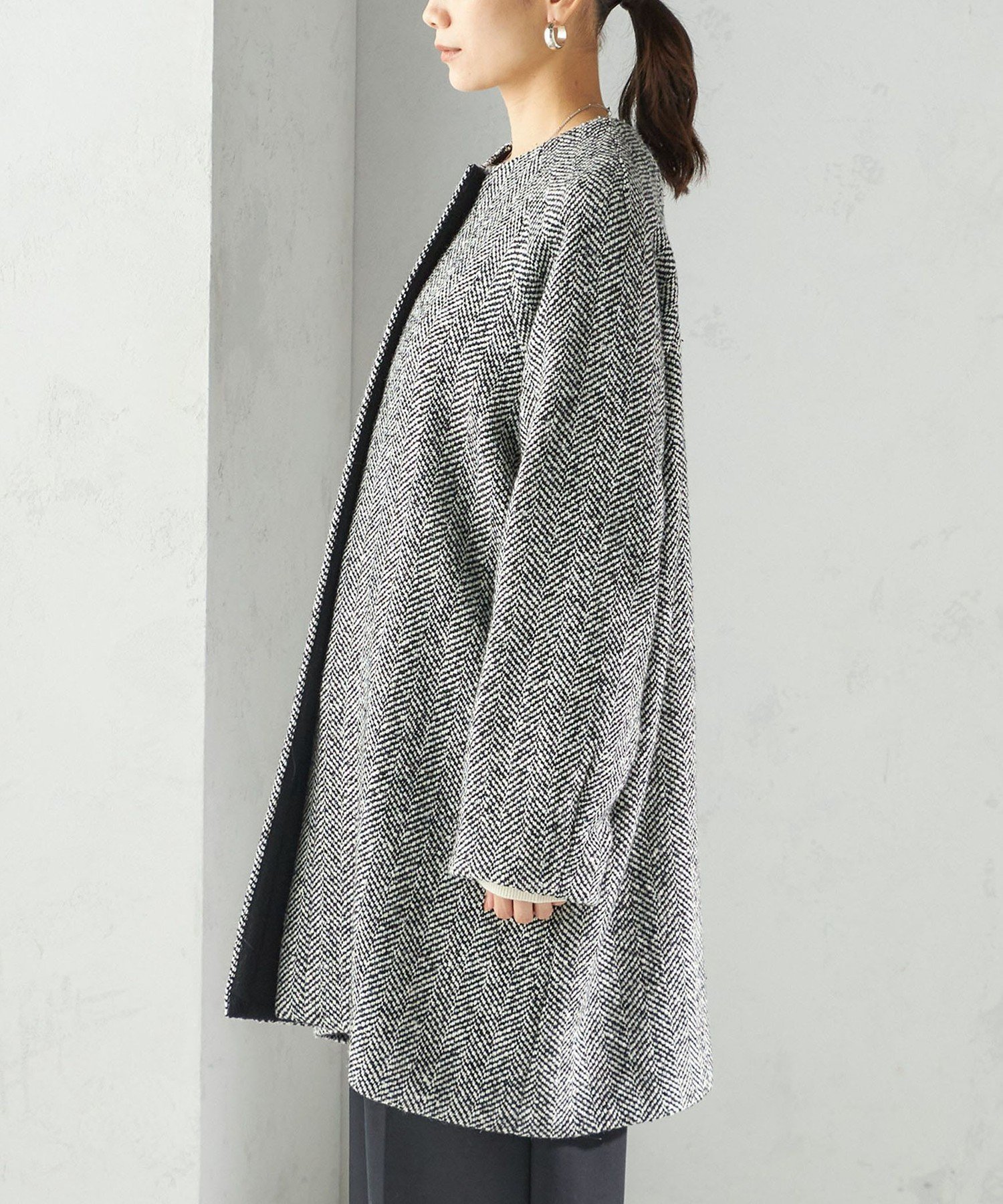 SHIPS｜スパンコール ヘリンボーン ノーカラー コート | Rakuten