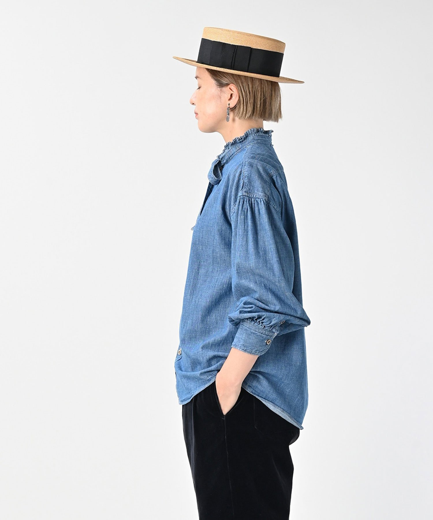 45R｜瑠璃ダンガリーデニムのボウタイクッペシャツ(加工) | Rakuten