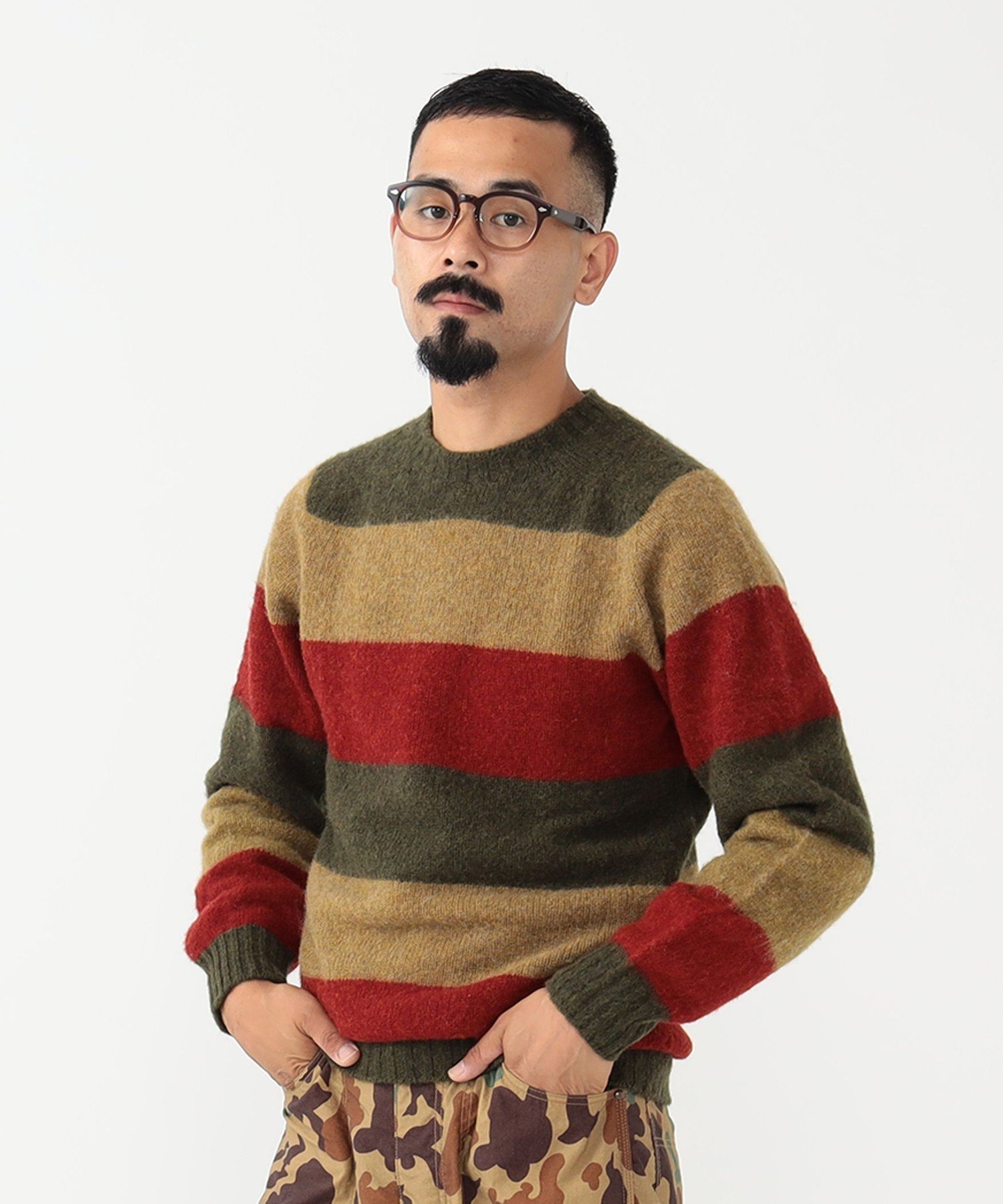 BEAMS MEN｜ BEAMS PLUS / ストライプクルーネック シャギーニット