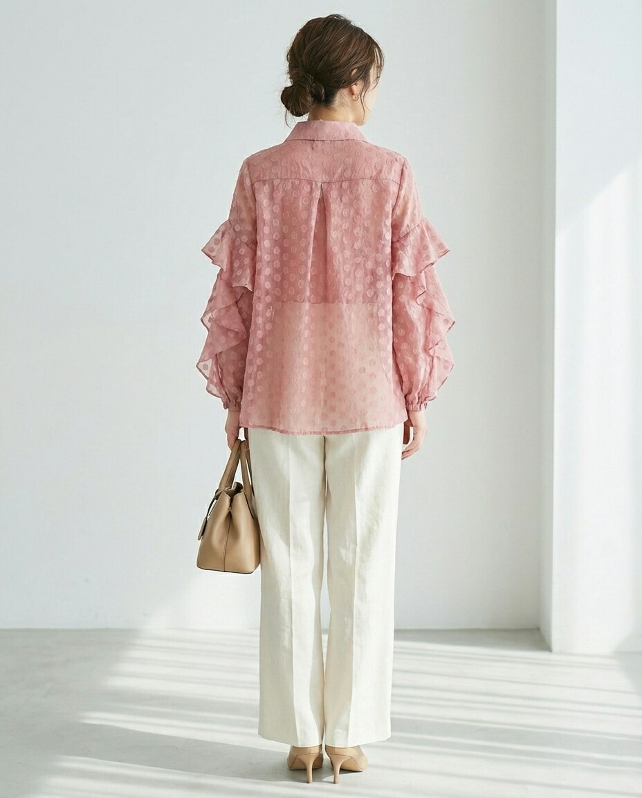 楽天市場】シャツ 長袖 フリル レディース シアーシャツ ドット ドット