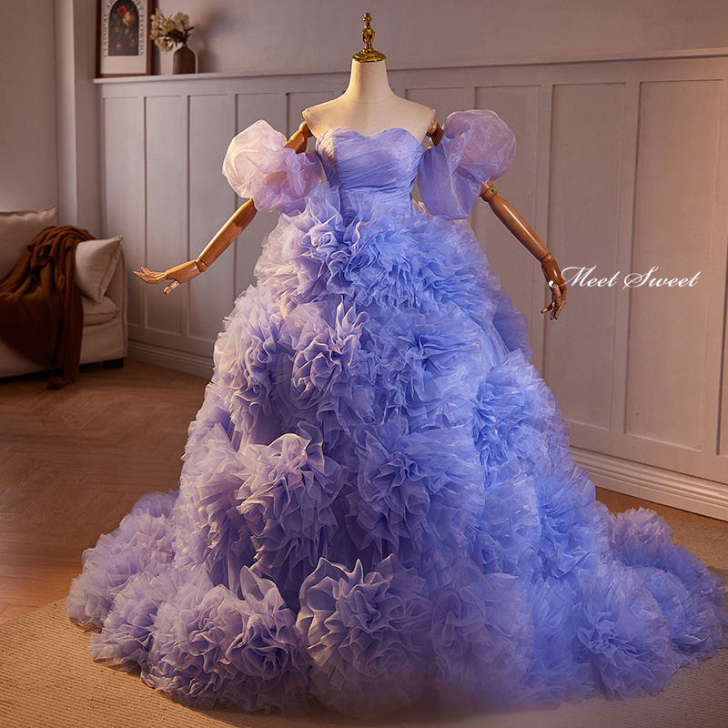 楽天市場】カラードレス プリンセスライン パープル 紫 フリル 袖付き