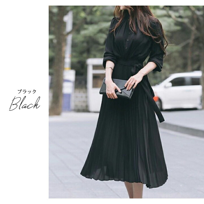 楽天市場】ワンピース レディース 秋 冬 秋冬 黒 プリーツワンピース