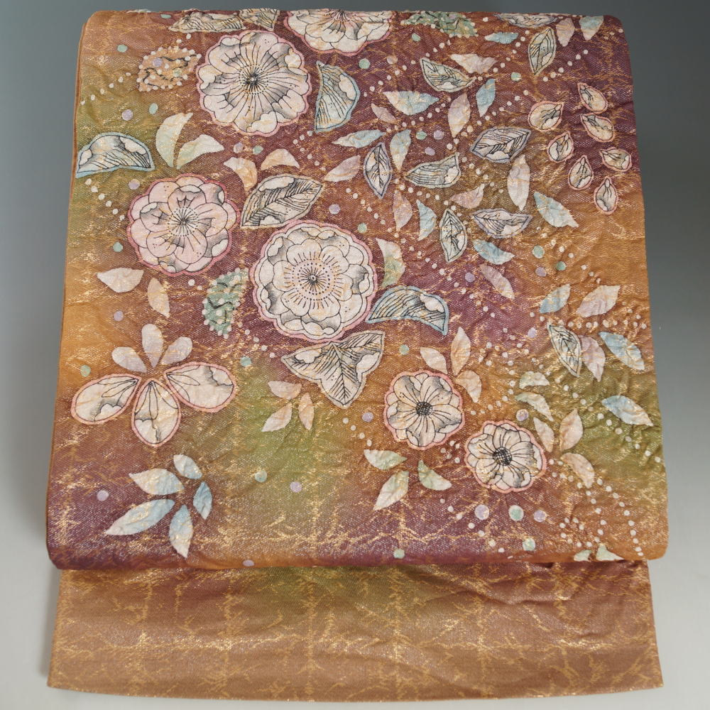 楽天市場】袋帯 辻が花模様 金通し 膨れ織 お太鼓柄 山吹茶色 【送料