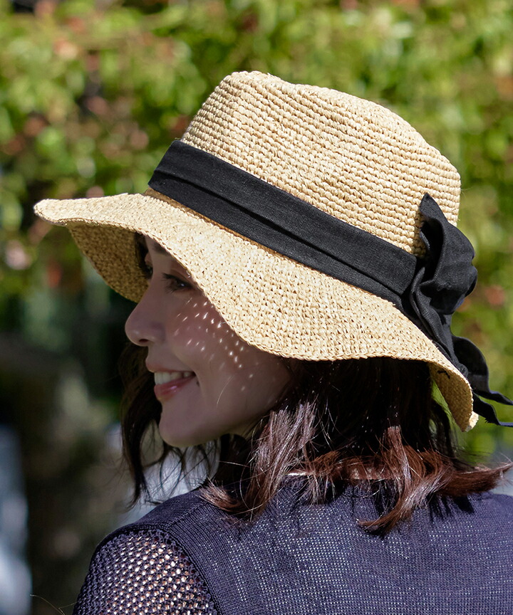 楽天市場】ツバ広リボンハット 帽子 ハット ラフィア ツバ広 天然草