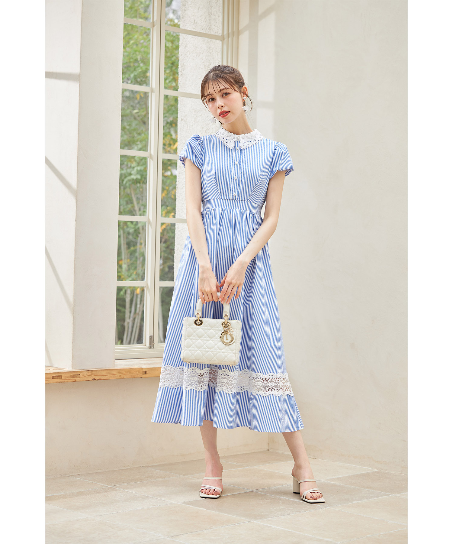 楽天市場】パール釦レース×ストライプシャツワンピース【fadisea