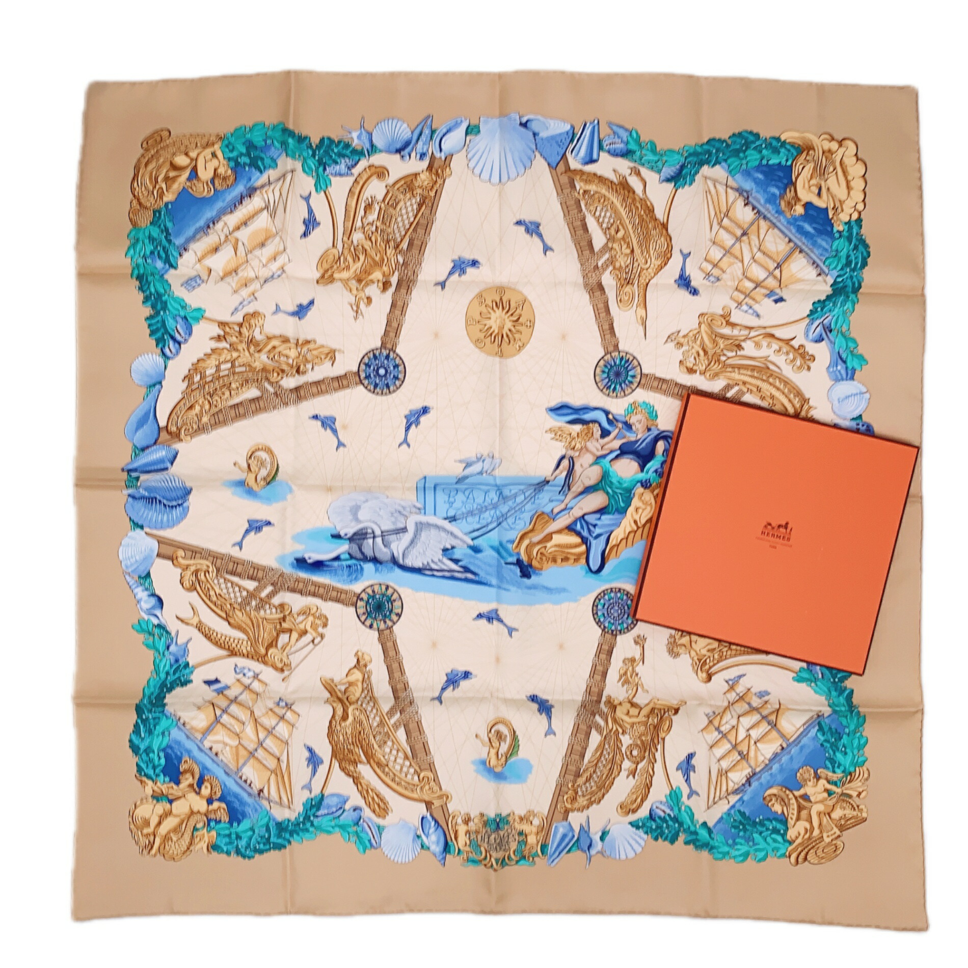 楽天市場】極美品 HERMES エルメス カレ90 MTGPSOA 帆船 スカーフ