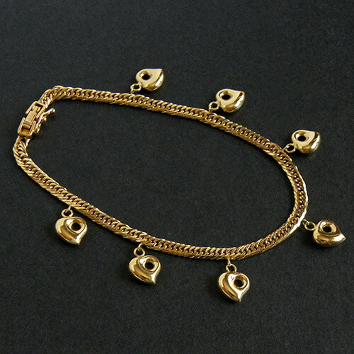 K18 YG 喜平8面トリプルハートチャーム付きブレスレット