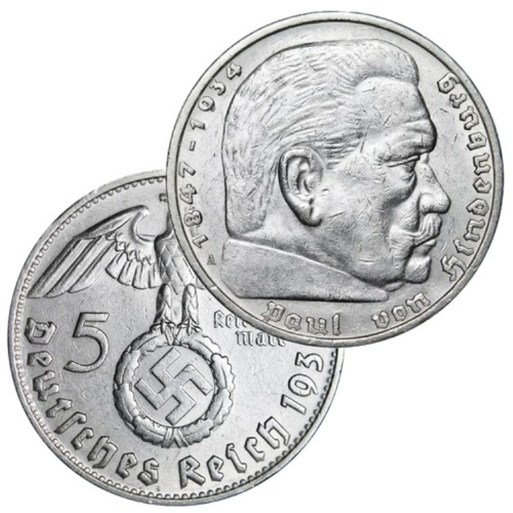 ベ*ン様 ⊞ドイツ軍＊1936年＊5マルク銀貨＊ミントマークE（実物