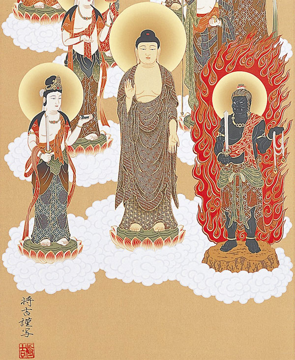 真作/神村紫邦/十三佛図/蓮華/桐共箱付/布袋屋掛軸HE-950