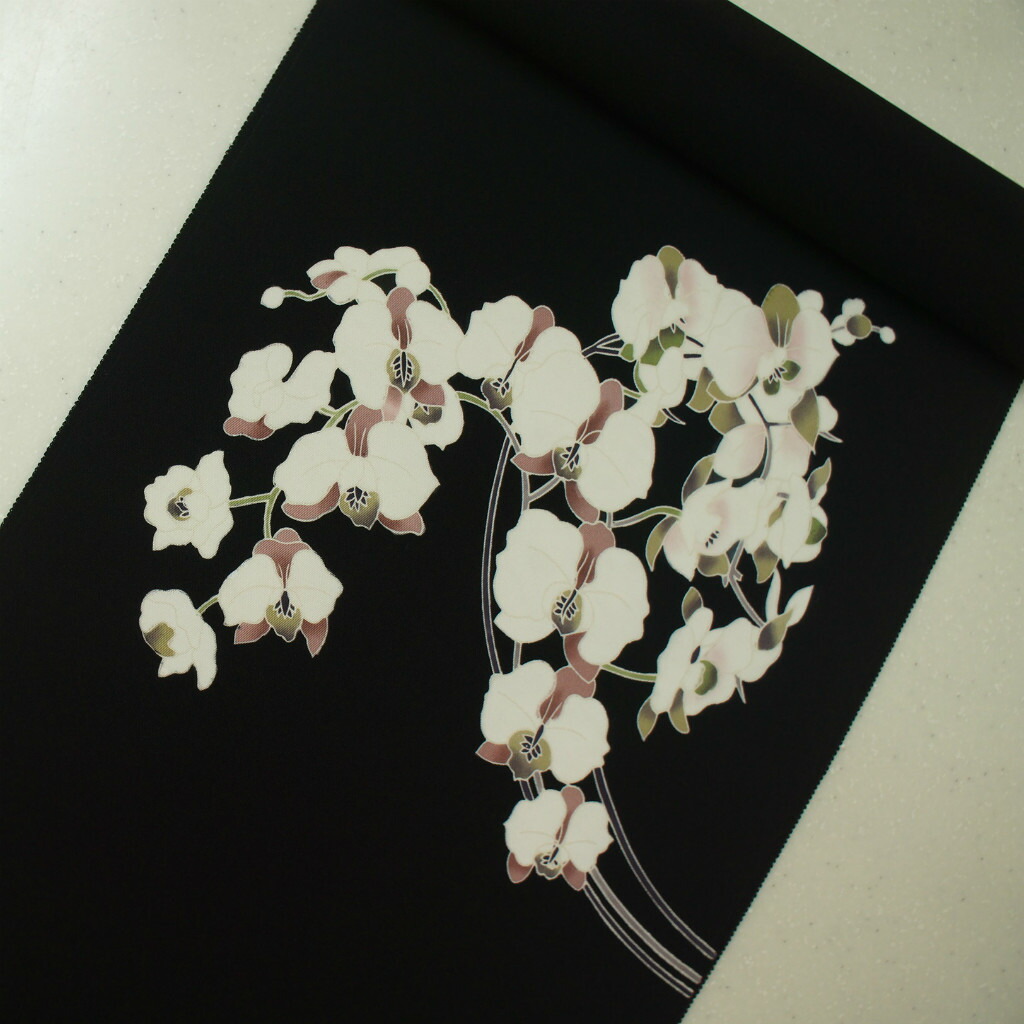 楽天市場】正絹紋無地糸目手挿し友禅帯 染帯 胡蝶蘭柄 黒地 : 優美苑